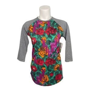 LuLaRoe RANDY Green Red Floral Roses with Raglan‎ Sleeves sz XXS NEW